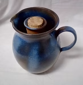 Unusual Vintage Stoneware Jug with Central Corked Pillar Blue and Brown Mottled Glaze 19cm Tall